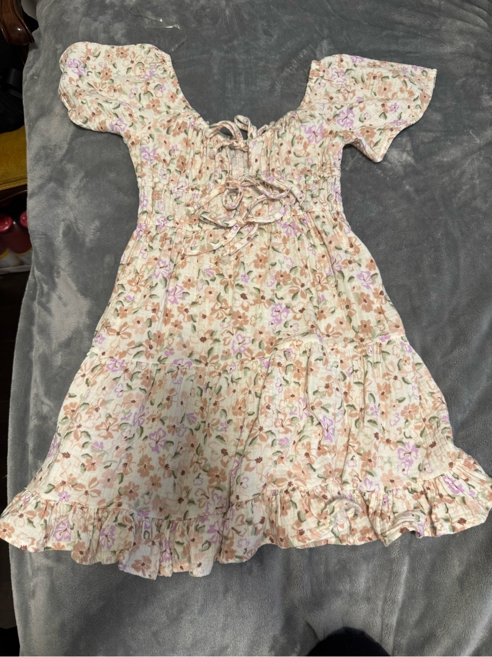 Ardene Cream Floral Smocked Dress with Pink & Brown Accents